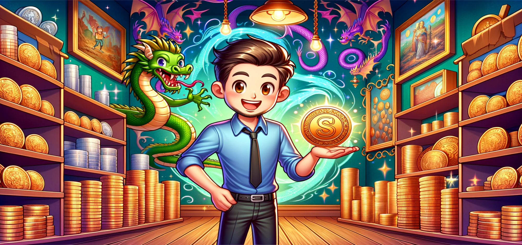 An animated scene of a coin enthusiast holding a mystic coin, with a friendly dragon peeking over sh